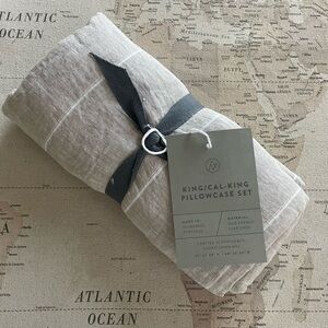 NWT STONEWASHED LINEN PILLOWCASES KING/CAL-KING Ivory Stripe